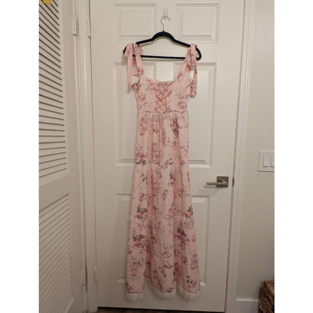 Women's Pink Floral Maxi Dress shoulder tie lace trim new preppy dainty flowy XS - Picture 7 of 9